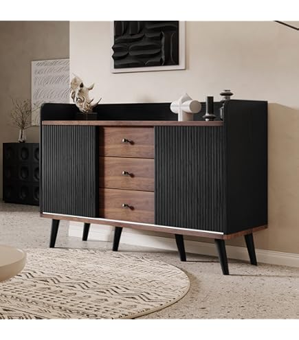 COSTWAY Sideboard, keukenkast met 2 schuifdeuren en 3-traps verstelbare planken en open vakken, houten commode voor keuken, eetkamer, woonkamer, hal, 100 x 33 x 80 cm