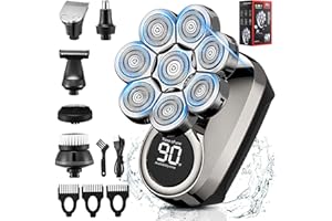 Lovcoyo Rasoio Elettrico Barba 6 in 1 Rasoio Testa Calva 8D, Impermeabile IPX7, Rasoio Elettrico Capelli con Display LED e Detergente Barba e Viso, Kit Rasoio Capelli Uomo