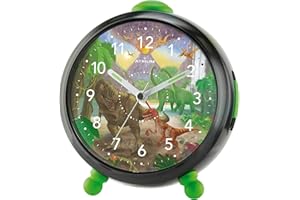 ATRIUM Budzik dziecięcy chłopięcy T-Rex Time dinozaur czarny zielony analogowy kwarcowy bez tykania ze światłem i drzemką A932-4