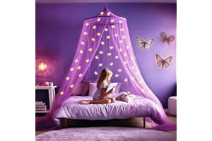 UB-STORE Viola Baldacchino per letto da ragazze con bagliori pre-incollati nelle unicorni scure - Zanzariera con decorazioni per camera Princess - Tenda per camerette per bambini con Luci della Galassia