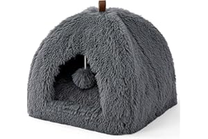 BEDSURE Katzenbett große Katzen Katzenhöhle- 40x40x40 cm Plüsch Katzenhaus Indoor mit abnehmbarem Katzenkissen und hängendem Spielzeug, Katzen Bettchen waschbar, dunkelgrau