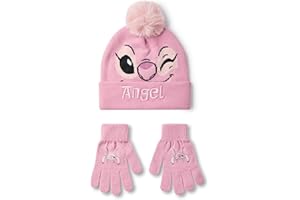 Disney Lilo & Stitch Ensemble Bonnet et Gants pour Filles | Bonnet d'hiver tricoté Rose avec Visage de Personnage d'ange | Bonnet Pom Pom Taille Unique pour Enfants avec Gants imprimés par Transfert