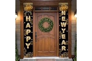 fairymaiden Lot de 2 Or Noir Decoration Nouvel an 2025, Banderole Bonne Année Noir Et Or, Deco Nouvel an pour Bienvenue Porche Signe, Happy New Year 2025 Accessoire Nouvel an Banniere