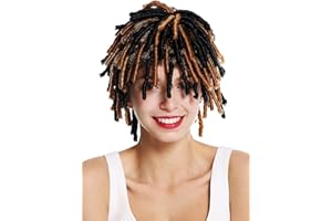 WIG ME UP - DH1110 Peluca Mujer Hombre Carnaval rizos espirales Afro Pelo Corto voluminoso Caribe Rasta Dreads Color Negro mechas castañas