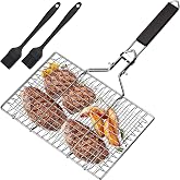 BBQ Basket for Fish and Vegetables - Stainless Steel Barbecue Tray, Foldable, Portable, with Oxford Bag and 2 Silicone Brushe