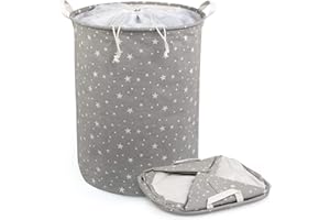 JoyPlus Cesto Ropa Sucia, Cesto de Lavandería Tela Lona,Cubo Bolsa Ropa Sucia Plegable con Asas y Cierre de cordón para Guardar la Ropa y Juguetes en el Dormitorio y Lavandería (Grigio Star)