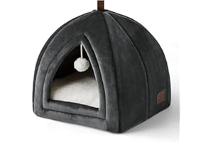 Bedsure Niche Chat Gris Foncé 35x35x38cm - Panier Chat 2 en 1 avec Dômes, Coussin Amovible pour Chat ou Petit Chien, Tente/Lit/Maison Pliable pour Animaux de Compagnie