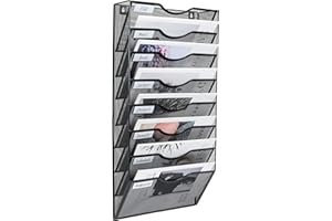 PAG 8-Tier Hanging Wall File Holder Mail Organizer Wall Magazine File Letter Rack,Mesh Metal A4 Wall Mounted Document Holder Paper Storage,Black