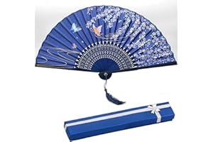 BLUESEABUY Damski wachlarz ręczny, japoński, składany wachlarz z drewnianym uchwytem, pudełko na prezent, składane chińskie kwiaty, wachlarz z materiału, bambusowy uchwyt, wachlarz ścienny, do ochłodzenia latem,