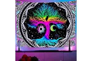 Hyakoz Luna y Sol Tapiz Arbol de la Vida Psicodélica Tapiz Pared de Mandala Fluorescencia UV Wall Tapestry, para Decoración del Hogar Tapiz de Tela de Arte de Pared para Dormitorio Estético
