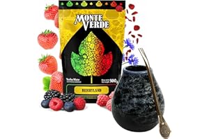 Yerba Mate-Tee Set mit Yerba Mate Monte Verde Berryland 500g ● Mate Tee mit Erdbeerfrucht, schwarze Johannisbeere, Himbeere ● Keramik mate-tee tasse Marmol 350ml ● Edelstahl Bombilla 19cm