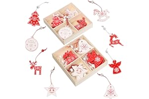 Belle Vous Adornos de Navidad de Madera para Colgar Estilo Nórdico (Pack de 32) Decoracion Navidad 8 Piezas Tradicionales Vintage – Reno, Campana, Bola, Ángel, Árbol y Estrella – Rojo y Blanco