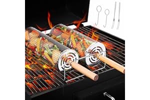 JINGTOPS Panier à Griller Roulant avec Poignée en Bois, Panier Barbecue, Panier Grille Barbecue Ronde, BBQ Grill Basket en Acier Inoxydable,Accessoires Barbecue (2 Pièces 31 cm + 20 cm)
