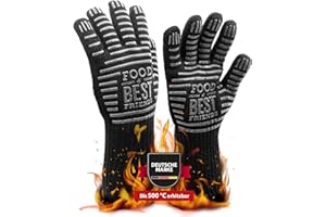 ‎FOOD & BEST FRIENDS EST 1919 Premium Aramid Grillhandschuhe hitzebeständig bis zu 500 °C | Schwarz | DIN EN 388 & DIN EN 407 Zertifiziert | Feuerfeste Handschuhe für BBQ/Barbecue, Grill | Hitzeschutzhandschuhe, Hitze Handschuh