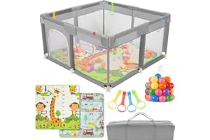 Altaudia Parque Infantil Bebe 120x120cm + Alfombra Bebe + 50 Bolas + Bolsas de Transporte – Corralito Bebe con Malla Transpirable – Parque de Juegos Divertido para Bebe - Gris (120 * 120)