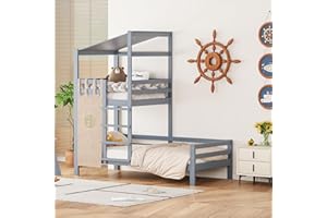 Zravenna Kinderbett Hochbett 90x200 mit Leiter, Etagenbett mit Dach, Hausbett Massivholzbett mit Lattenrost, Bett für Jungen und Mädchen (Grau)
