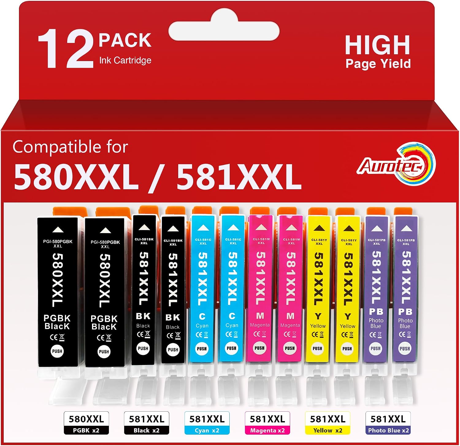 Aurotec PGI580XXL CLI581 XXL Cartuchos de Tinta Compatibles para Canon 580XXL 581XXL para Canon PIXMA TS8150 TS8151 TS8152 TS8250 TS8251 TS8252 TS8350 TS8350a TS8351 TS8351a TS8352 TS8352a (12-Pack)