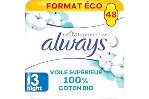 Always Cotton Protection Ultra Night (Taille 3) Serviettes Avec Ailettes x48, Voile 100% Coton Biologique