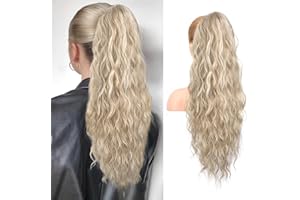 REECHO Ponytail Extension, 66 cm Long Beach Wavy Drawstring Ponytail Hair Extension Synthetic Ponytail Hairpiece for Women - Medium Blonde with Highlights
