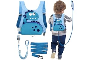 Dr.meter Kinderleine, Mochila Antipérdida con Correa Giratoria de 1,2 m 360° para Niños 3 en 1 Diseño de Dinosaurio con Candado para Niños, Equipo de Seguridad para Exteriores (Azul)