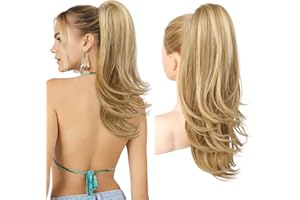 ‎FLUFYMOOZ Flufymooz Ponytail Extension, 50 cm Pferdeschwanz Haarverlängerung mit Kordelzug für Frauen weiches, natürlich aussehendes synthetisches Pferdeschwanz Haarteil-Blond mit Strähnchen
