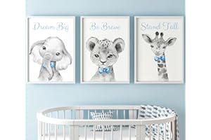 EVIEPOPS PRINTS Safari Animals Baby Boy Nursery Bedroom Set of 3 Unframed Quote Prints, Wall Art Portrait Set of 3, Nursery Decor Gift Present, Giraffe Elephant Lion, Stand Tall Dream Big Be Brave Baby Blue Grey (A4)