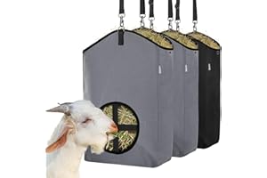 MIYABALA 3 Packs Goat Hay Feeder,Hay Bags for Goats,Horses,Sheep,Premium 600D Oxford Cloth,with Metal Fastener and Adjustable Open Feed Hole for Slow Feeding. (1 Black+2Grey)