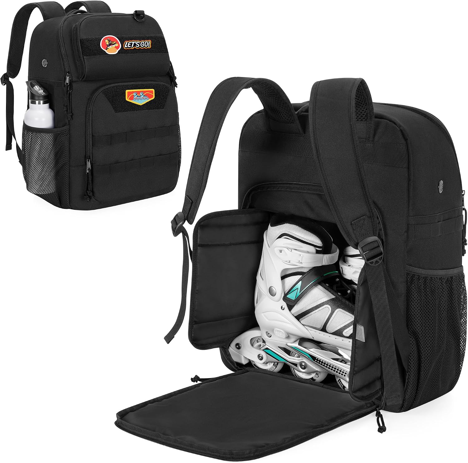 GOBUROS Bolsa para Patines, Apta para Tallas de Calzado de Hombre hasta la 13 de EE. UU., Mochila para Patines con múltiples Bolsillos para Accesorios, Bolsa para Patines en línea, Color Negro
