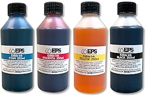 EDIBLE PRINT SUPPLIES Edible Ink for Edible Printer - Bottled Refills (4 x 250ml) - Full Set of Bottled Edible Inks in Black, Cyan, Magenta and Yellow for CMYK Inkjet Edible Printers - For Canon & Epson Edible Printer