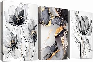 HALFLEMART 3Pcs Fiori di Papavero ad Acquerello Stampa su tela Con Cornice Marmo Nero Cenere Oro Astratto Pittura Quadri su tela Quadri Moderni Bagno Camera da Letto Soggiorno Decorazioni Murale 30x40cm x3