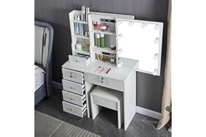 onesaimei Vanity Desk with Lights and Mirror, Makeup Vanity Dressing Table with 5 Drawers & Shelves, White Vanity Set with Cushioned Stool for Bedroom Dresser