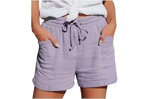 MEILYVIBA Damen Shorts Sommer Mode Lässige Musselin Hose mit hoher Taille Gerades Bein Sport Lässige Lockere Shorts mit Kordelzug Kurze Hose mit Taschen Gummiband Freizeit Shorts Elastische Stoffhose
