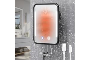 Gospire Espejo de ducha con calefacción sin niebla para afeitarse con luz, batería recargable de 5000 mAh, ventosa desmontable y soporte para maquinilla de afeitar para pared, sin perforación,