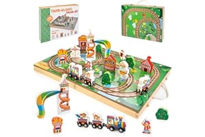 JUSTWOOD Ferrovia e treni in legno, set per principianti, set di binari ferroviari, giocattolo per bambini, regalo per ragazzi e ragazze dai 3 anni in su