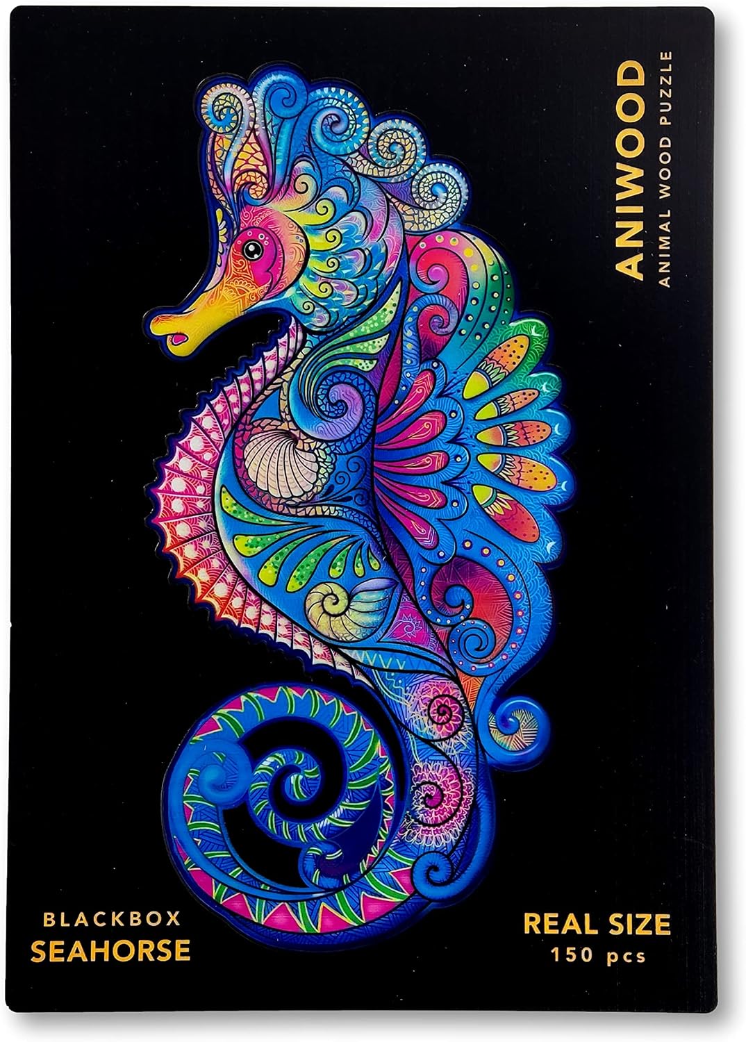 ANIWOOD Puzzle de Madera de Animales. Tapa troquelada, Caja a tamaño Real del Puzzle. 3 Modos de dificultad, Elemento Decorativo. Piezas únicas Originales de Animales (Medium, Caballito de Mar)