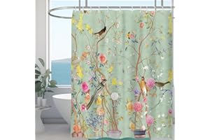Minicoco Shower Curtain Mould Proof Resistant Wet Room Shower Curtain 100% Polyester Waterproof Bathroom Curtains Floral Shower Curtain Scenery with 12 Hooks, 180 x 180 cm (Butterfly Bird Flower)