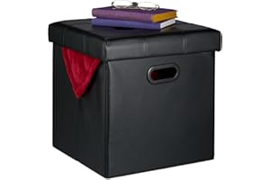 Relaxdays Pouf Contenitore, Sgabello Pieghevole Pelle Finta, Poggiapiedi Imbottito con Coperchio, HLP 39x37x37cm, Nero