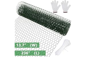 Aboofx 236 x 13.7 inch Green Chicken Wire, Chicken Wire Netting for Floral Arrangements, Chicken Wire Mesh, Hexagonal PVC Coated Galvanized Iron Wire for Garden, with 50 Zip Ties and 1 Pair of Glove