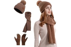 TAGVO Winter Cold Weather Set for Womens, Elastic Soft Fleece Lining Knitted Beanie Pom-Pom Hat Neck Warmer Touchscreen Gloves Thermal Ladies Loop Scarf Gift Set for Skiing Hiking Driving Working