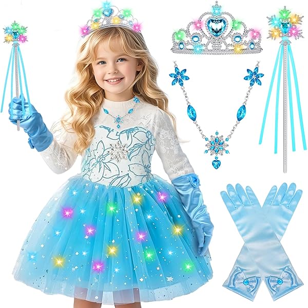 YYDSXK Elsa-kostuum voor meisjes, Frozen jurk met elsa-kroon, toverstaf, halskettingen, verjaardagsoutfit, T-shirt en blauwe tutu rok voor Kerstmis, verkleedpartij, carnaval, Halloween, verjaardag