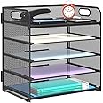 WAN Letter Tray Paper Organizer 5-Tier Desktop File Organizer,Desktop Organizer with Handle Black Metal Desktop Document Shelf for Office,Home or School
