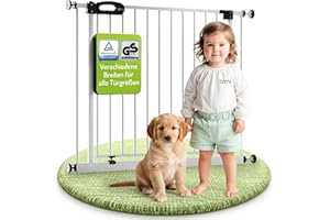 BOMI TÜV GS Siegel Kindertreppen Gitter XXL Merle | Ohne Bohren | Schließt automatisch | Gittertür aus Metall Weiss | Stabile Baby Schutzgitter Tür für Kindersicherheit | Breite: 93-101 cm