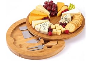 Giggi Bamboo Cheese Board and Knife Set – Charcuterie Boards with Storage, 4 Knives, Wooden Serving Platter, Cheese board Gift Set For House Warming Gift, Christmas, Parties (Round 25cm)