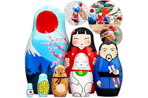AEVVV Nesting Dolls Set of 7 pcs - Matryoshka with Japanese Decorations - Cherry Blossom Decor Lucky Cat Figurines Geisha Doll Samurai