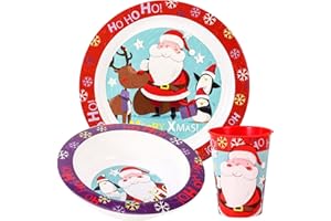 ZAWADI GLOBAL Christmas Xmas 3pcs Kids Childrens Micro Dinner Lunch Santa Festive Tableware Set Plate, Bowl & Cup, BPA Free