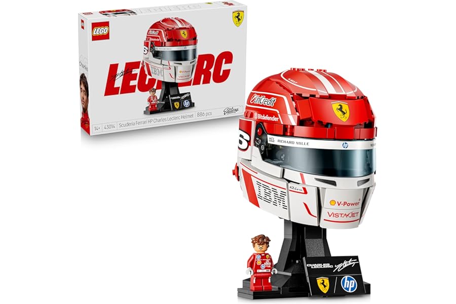 LEGO Editions Scuderia Ferrari HP Charles Leclerc Helmet - F1 Merchandise - Display Model Kit w/ Collectible Minifigure - Gift for 14+ Year Old Boys & Adult Motorsport Fans - 43014