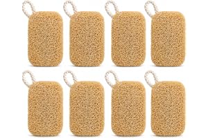 Luffasvamp 8 stycken – Loofah naturlig luffa spolsvamp med krok | 9 x 7 cm luffasvamp, lös svamp av naturlig luffasvamp, med ögla och krok för kök, badrum, camping