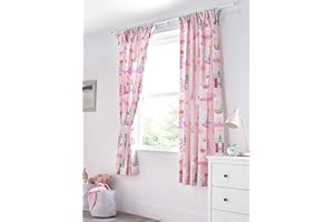 Bloomsbury Mill - Cortinas Forradas con alzapaños para niños - Estampado de Unicornios, Princesas de Cuento y Castillos encantados - Rosa - 168 cm x 183 cm