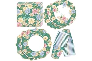 ZVK Floreale Piatti di carta usa e getta Set 96 pezzi, Tovaglioli di carta, Bicchieri di carta, Verde, con lamina d'oro, per feste di cocktail, Matrimonio, Anniversario, Festa del tè