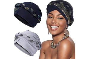 XEPST 2 sztuki turbanów dla kobiet, wstępnie związane skręcone nakrycia włosów, afrykańskie opaski na głowę dla czarnoskórych kobiet, czapki na raka, nakrycie głowy po chemioterapii, Granatowy i szary